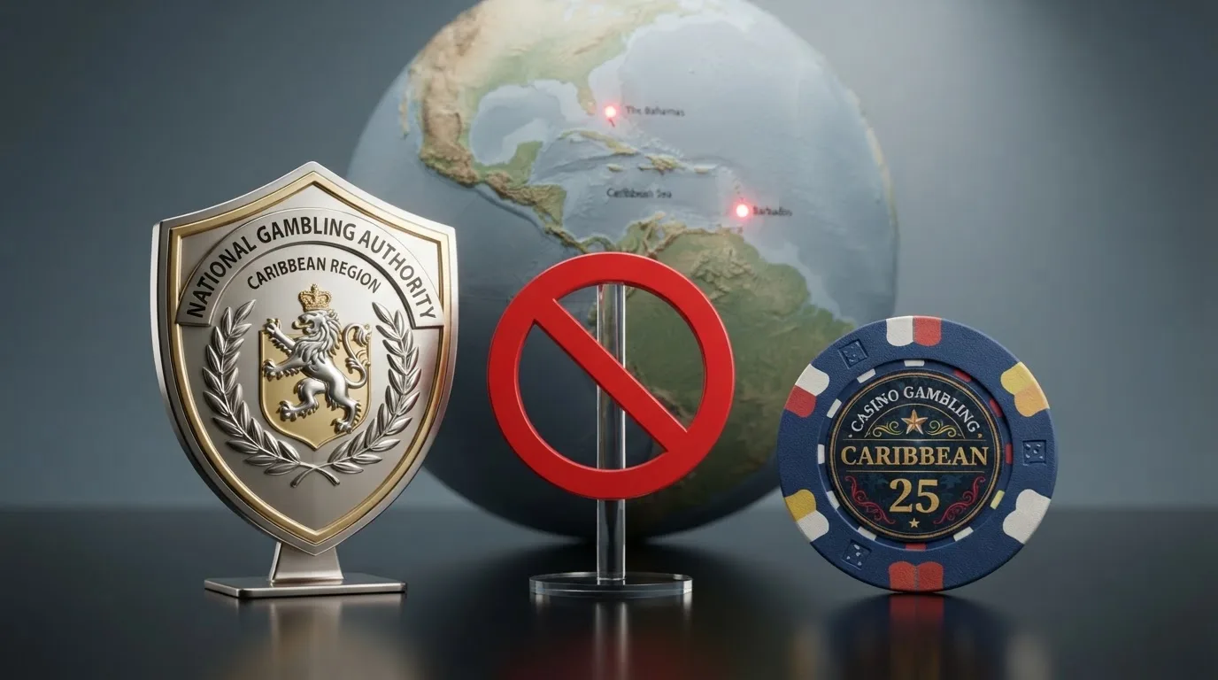 Het logo van de Kansspelautoriteit en een Bitcoin Cash-munt gescheiden door een geblokkeerd-symbool, met op de achtergrond een wereldkaart die Curaçao en Anjouan markeert