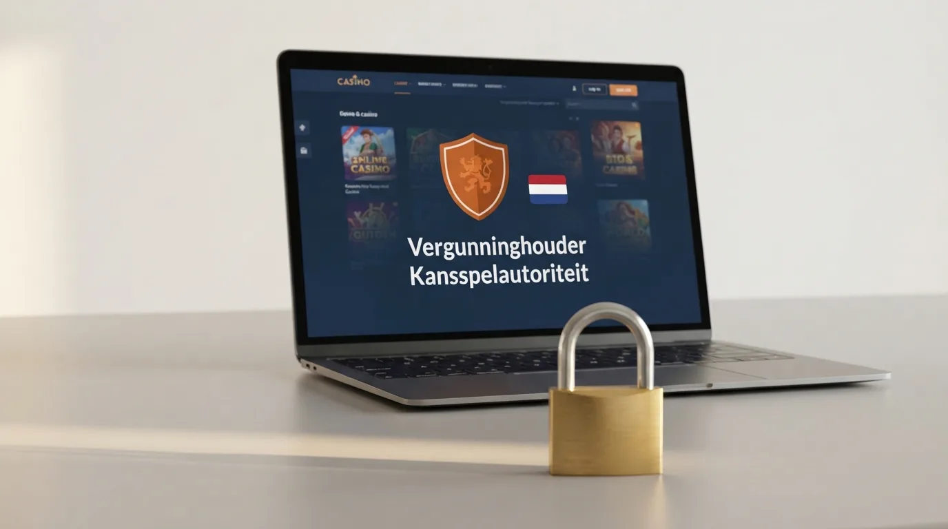 Het KSA-logo naast een Nederlandse vlag op een casinoscherm, met een hangslot-icoon en de tekst 'Vergunninghouder Kansspelautoriteit'