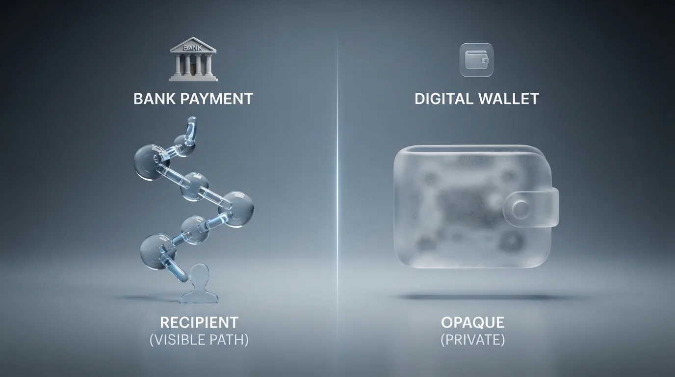 Schema van een bankbetaling die terug te herleiden is naar een rekening, tegenover een wallet waarvan de herkomst niet zichtbaar is