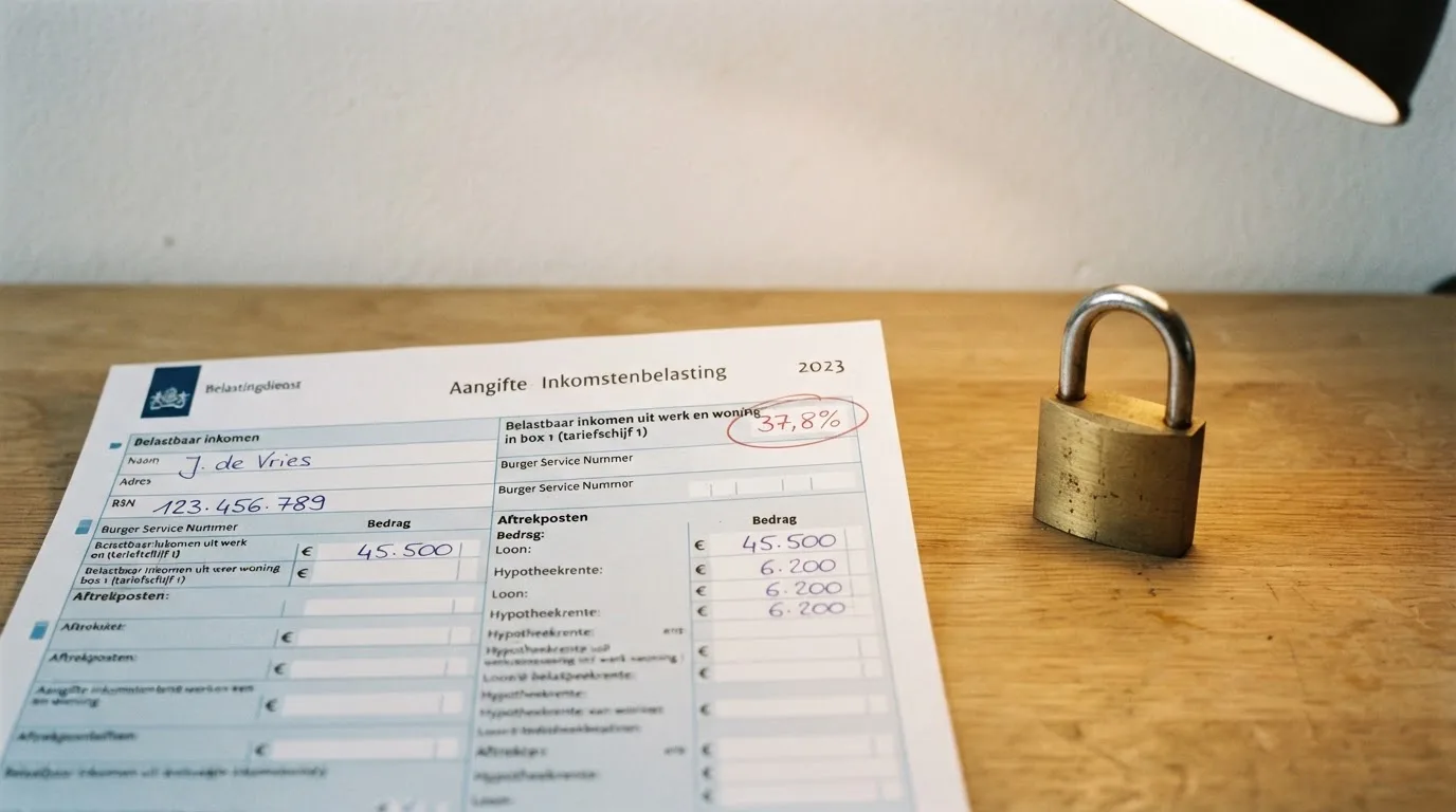 Een belastingaangifte-formulier naast een slot dat een gesloten register symboliseert