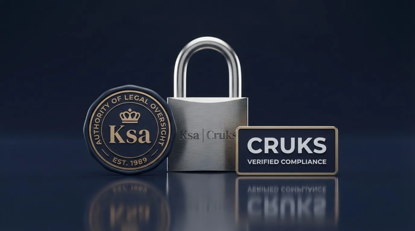 Het logo van de Kansspelautoriteit naast het Cruks-logo op een donkere, zakelijke achtergrond met een slot-icoon.