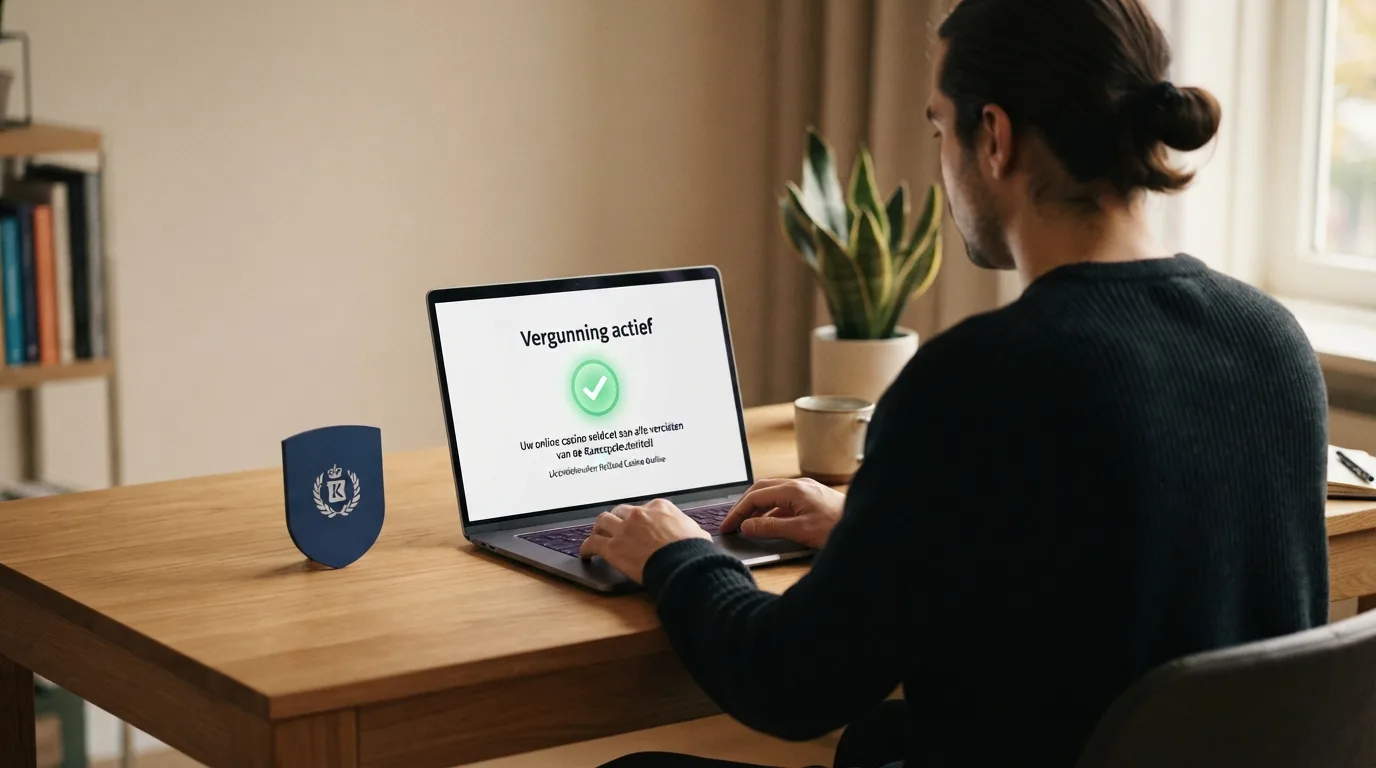 Het logo van de Kansspelautoriteit naast een vergunningdocument op een bureaublad