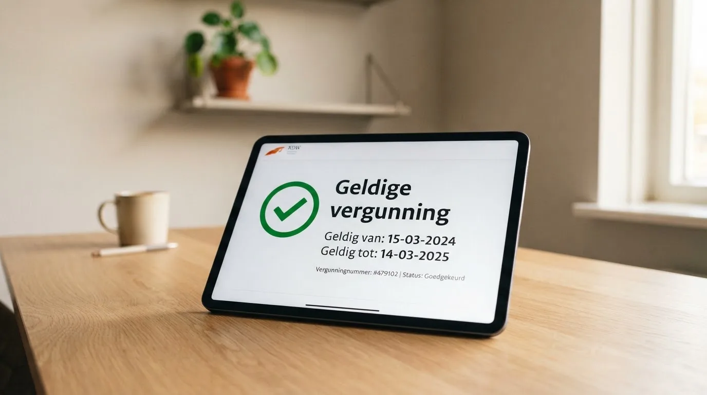 Een screenshot van het openbare Ksa-register op een tablet, met een vergunningnummer duidelijk zichtbaar en een groen vinkje bij “Geldige vergunning”