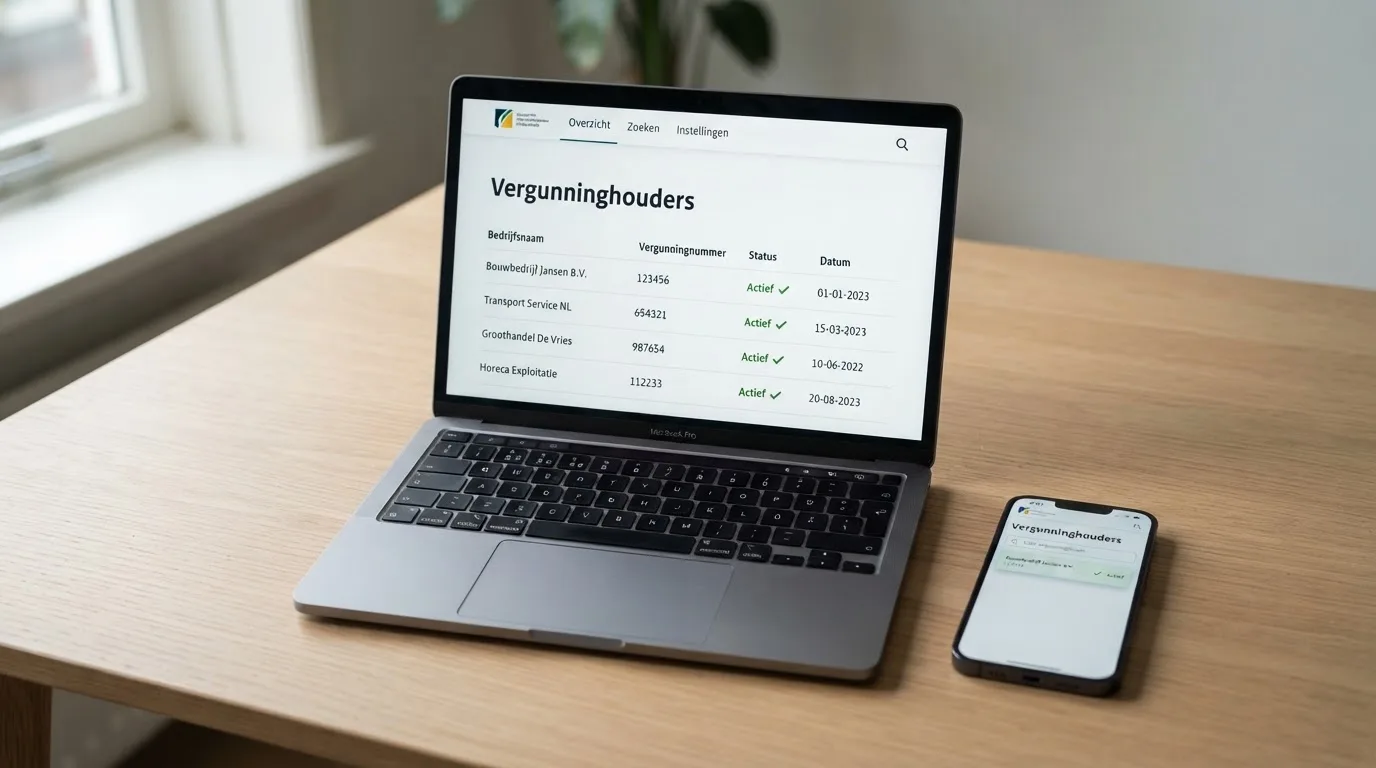 Het Kansspelautoriteit-logo op een beeldscherm naast een smartphone die het openbare vergunningenregister toont