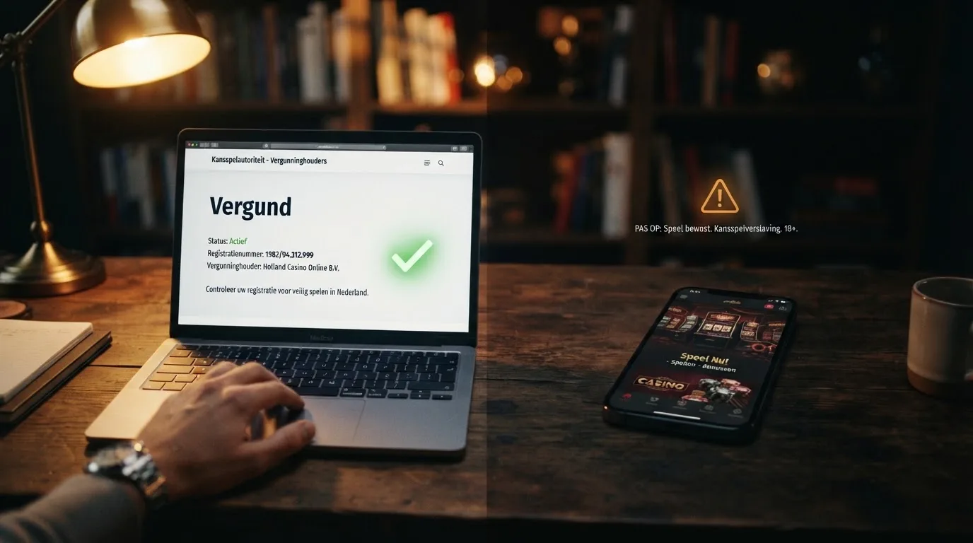 Een document met Ksa-keurmerk naast een waarschuwingspictogram boven een onvergunde goksite