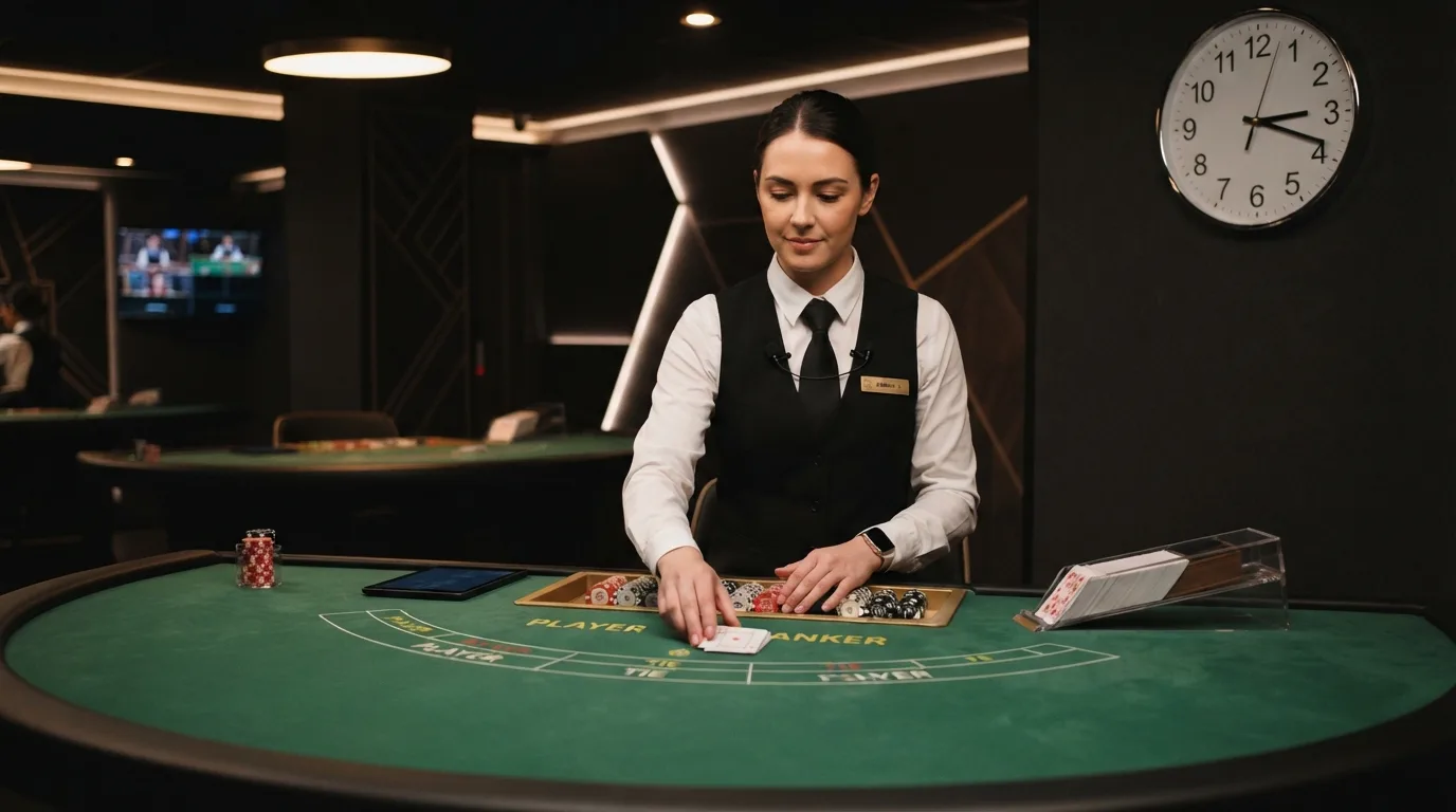 Een live-dealertafel met een echte croupier in een studio, met een klok die 03:47 aangeeft zichtbaar op de achtergrond
