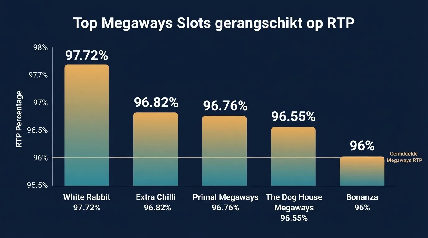 Een rij van de populairste Megaways-gokkasten met hun RTP-percentages, maximale winsten en provider-logo's in een overzichtelijke opstelling