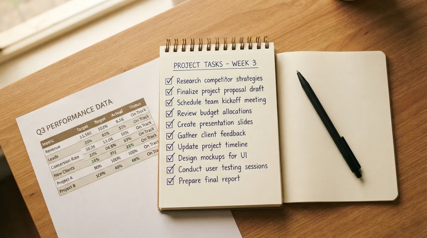 Een notitieblok met een checklist, een Ksa-register-uitdraai en een pen, op een houten bureau.