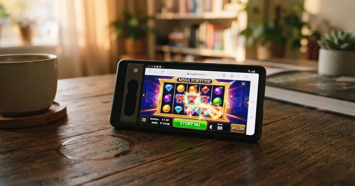 Een smartphone met daarop een Nederlands mobiel casino geopend in de browser, met zichtbare gokkasten en een iDEAL-betaalknop