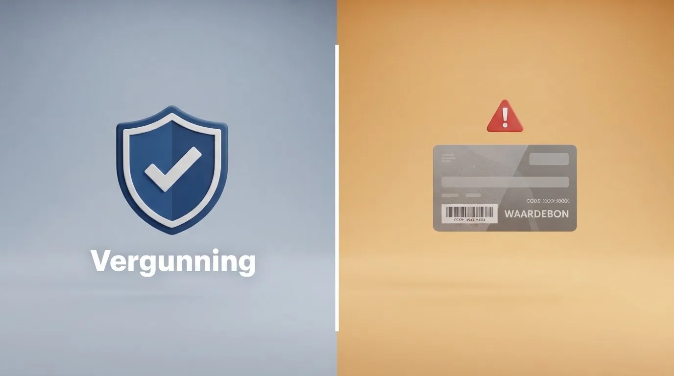 Een split-screen: links het KSA-logo met de tekst “Vergunning” en een groen vinkje, rechts een Neosurf-voucher met een rood waarschuwingsteken en de tekst “Geen Nederlands toezicht”