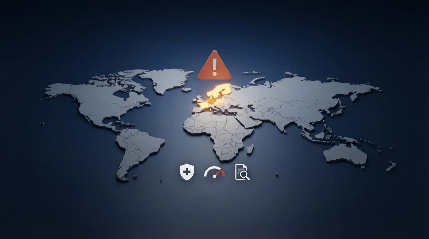 Een waarschuwingsicoon boven een wereldkaart met Nederland uitgelicht, met een lijst van ontbrekende beschermingen (CRUKS, stortingslimieten, Ksa-toezicht)