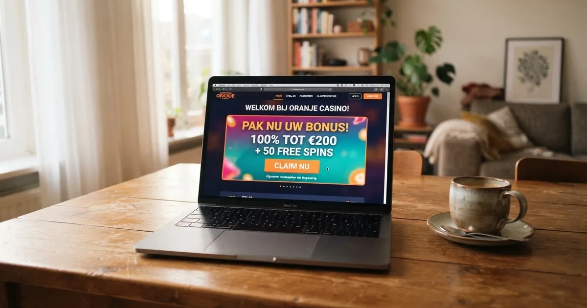 Een online casino-startpagina op een laptopscherm met een welkomstbonus-melding voor nieuwe spelers