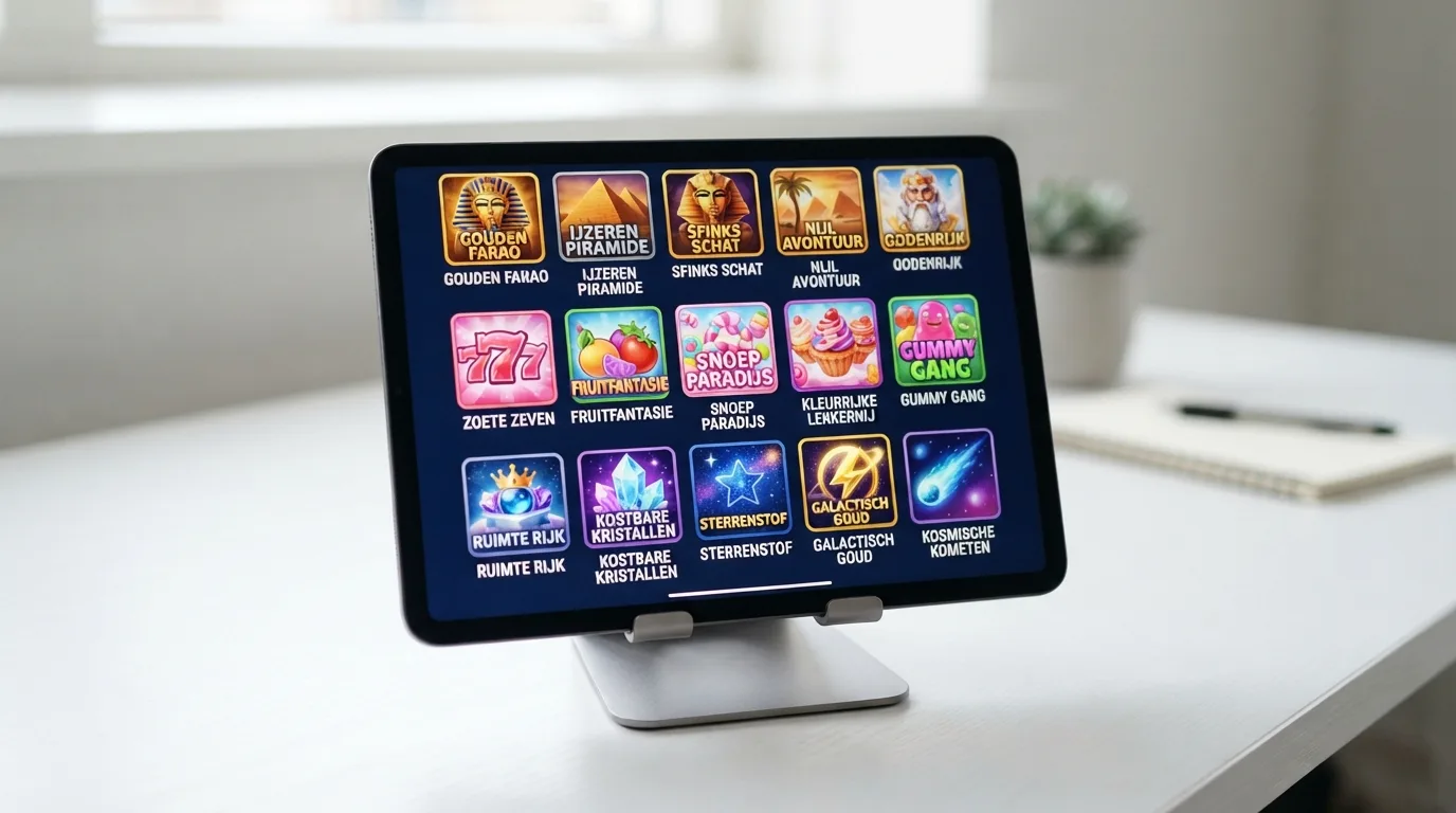 Een tablet toont een grid van bekende gokkast-iconen — Book of Dead, Sweet Bonanza en Starburst — met hun provider-logo's eronder