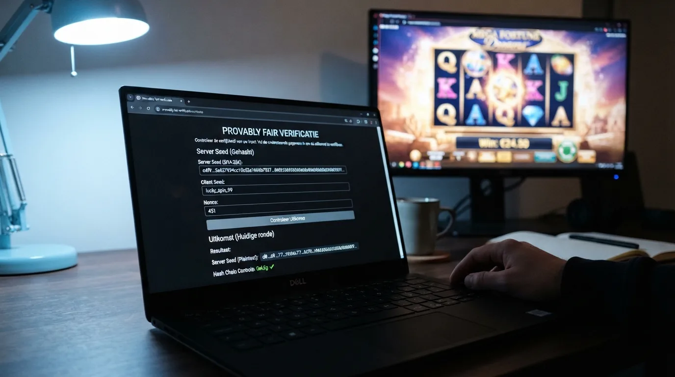 Een scherm met hash-waarden en een server-seed-interface, met op de achtergrond een cryptocasino-spel