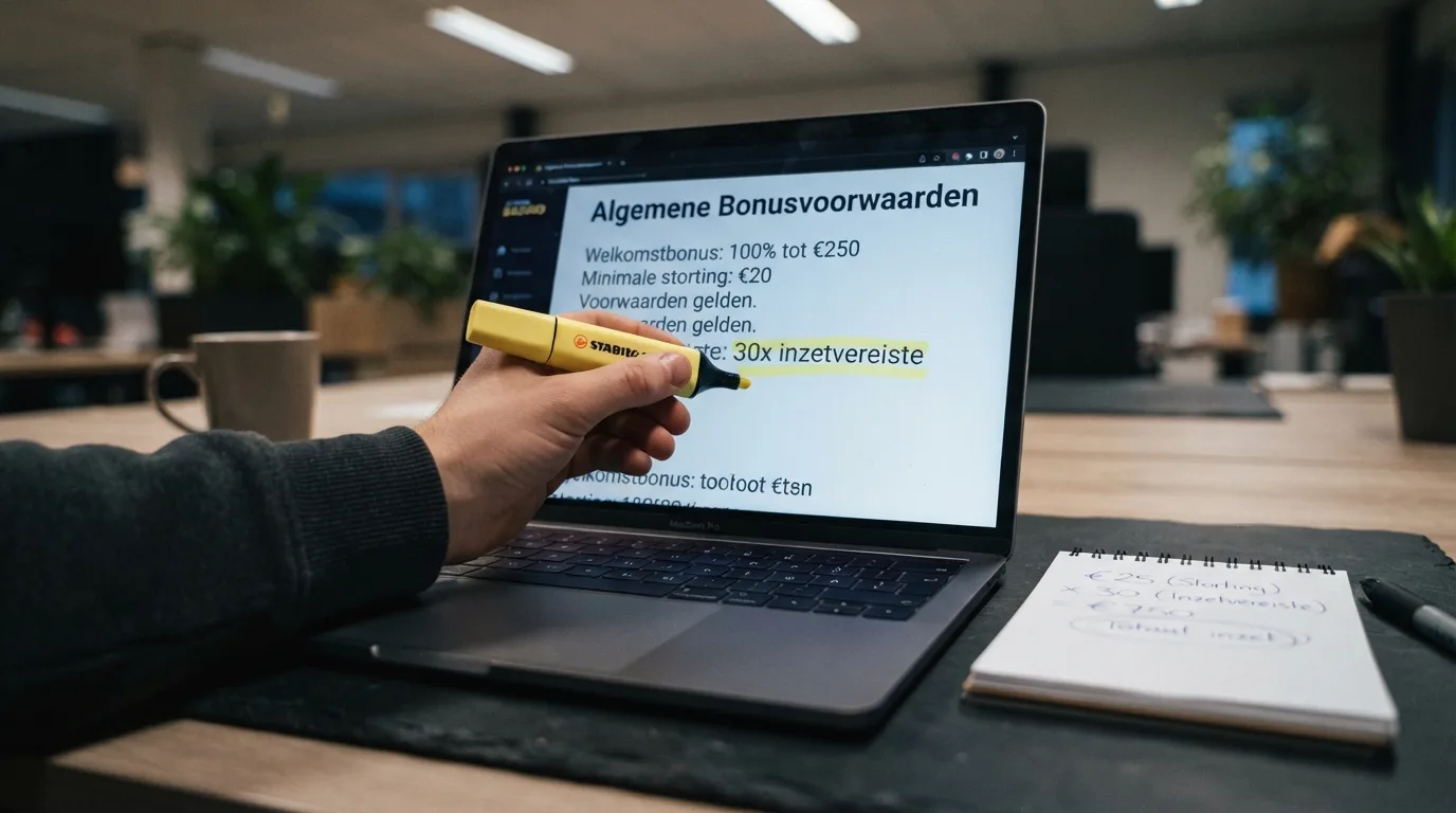 Een close-up van bonusvoorwaarden op een casinoscherm, met een markeerstift over het inzetvereiste van 30x en een kleine rekenmachine ernaast.