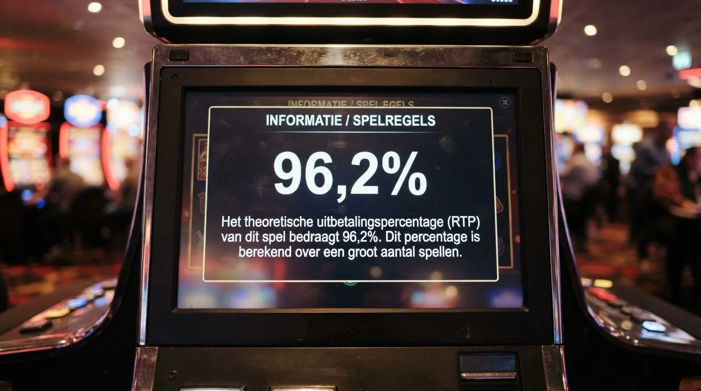 Een close-up van een gokkastscherm waarop het RTP-percentage van 96,2% zichtbaar is in het helpmenu