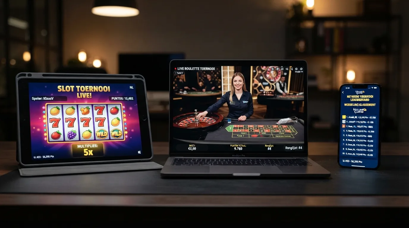 Drie schermen naast elkaar: een gokkastentoernooi met multiplier-score, een live roulette-tafel met een dealer in beeld, en een provider-netwerkklassement met het Pragmatic Play Drops & Wins-logo