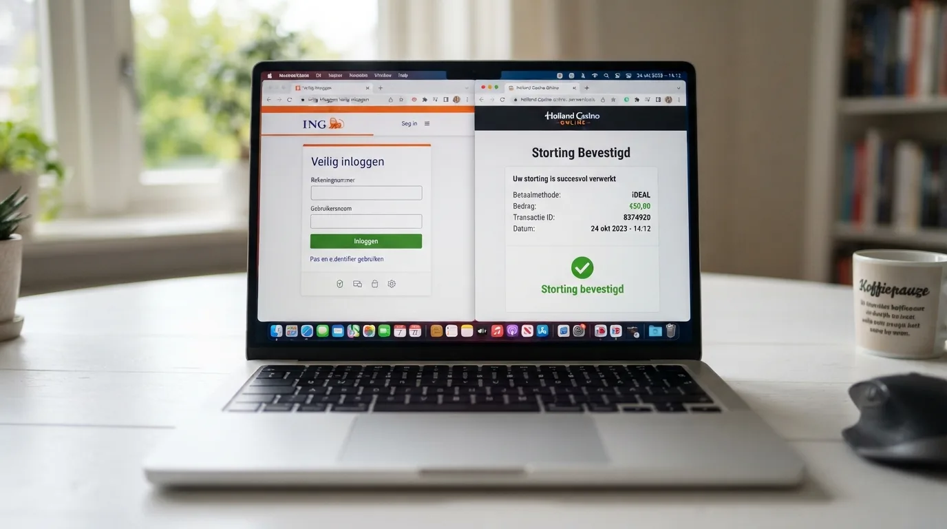 Een open laptop toont een bank-inlogscherm met het Sofort-logo, daarnaast een casino-stortingspagina met het bevestigde stortingsbedrag van €50