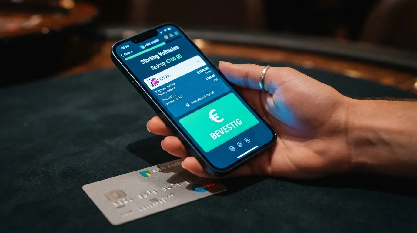 Een close-up van een creditcard op een smartphone-scherm dat een casino-stortingspagina toont, met een bevestigingsknop in beeld