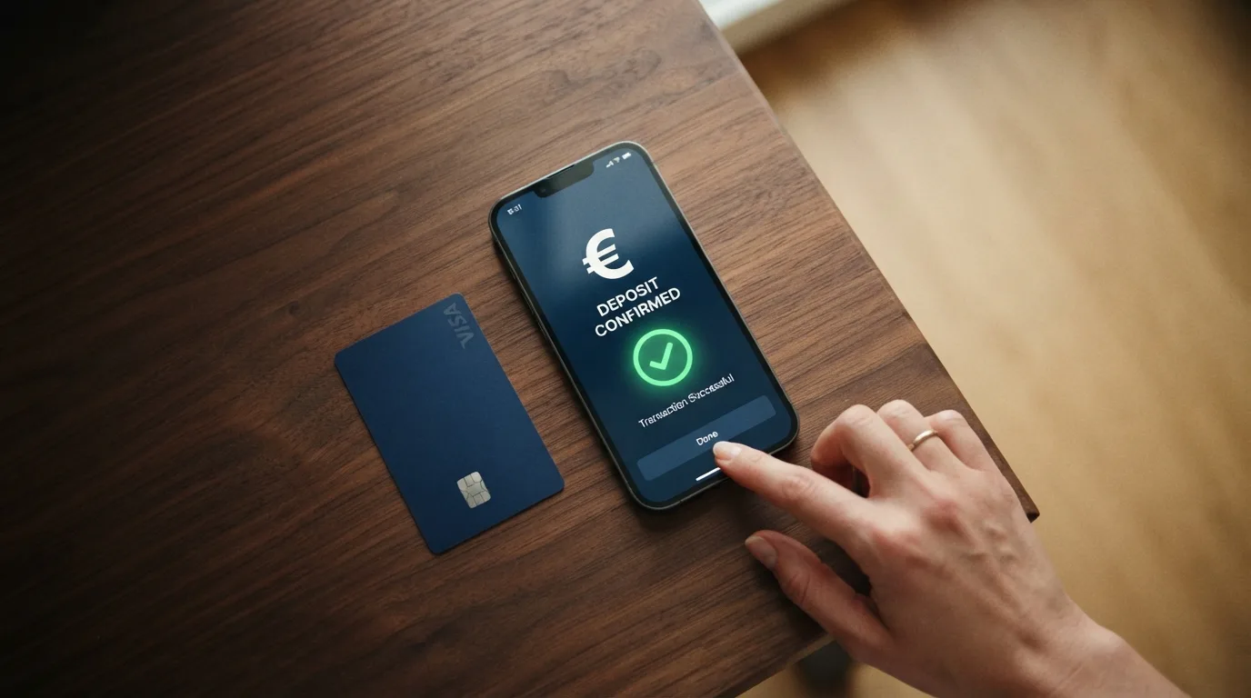 Een hand met een telefoon waarop een casino-stortingsscherm staat, naast een bankpas