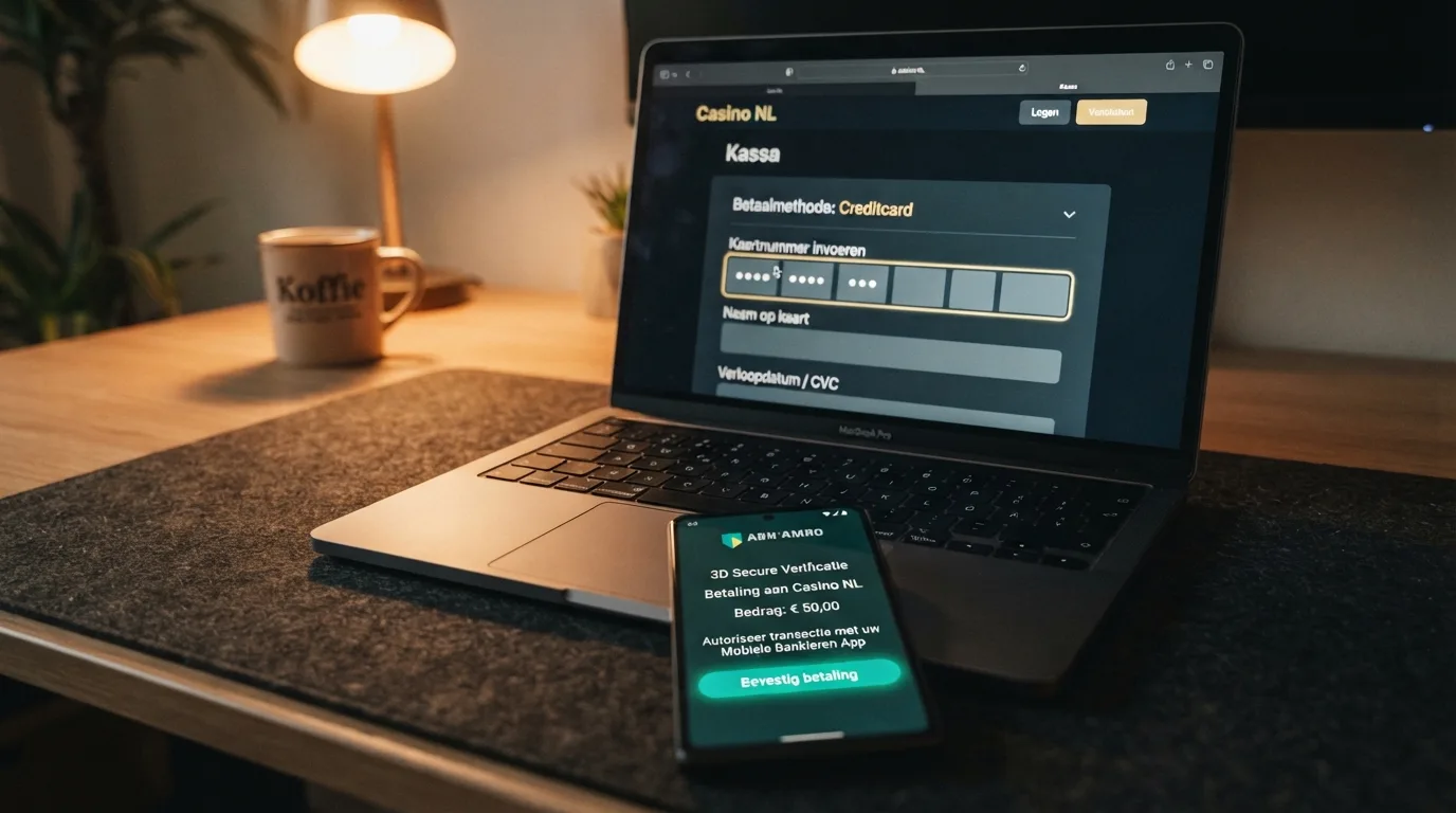 Invoer van een kaartnummer in een casino-betaalvenster, met een 3D Secure-bevestiging in de Revolut-app