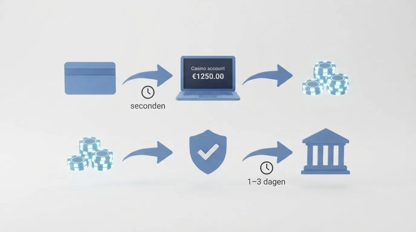 Een stappenschema van storting (iDEAL-logo → casino-account → speeltegoed) naar uitbetaling (casino-account → bankoverschrijving → bankrekening), met tijdsindicaties.