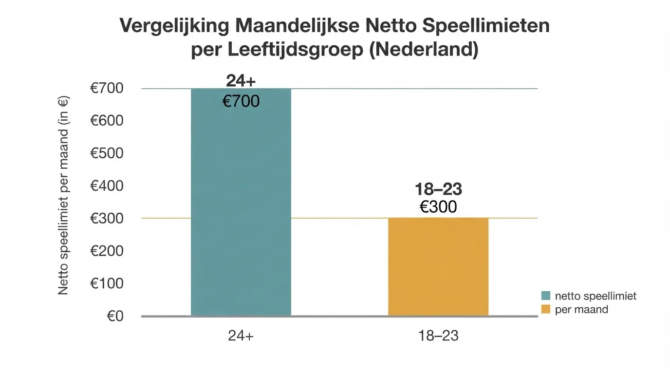 Een schema van de Nederlandse stortings- en speellimieten voor 24+ en 18–23 jaar