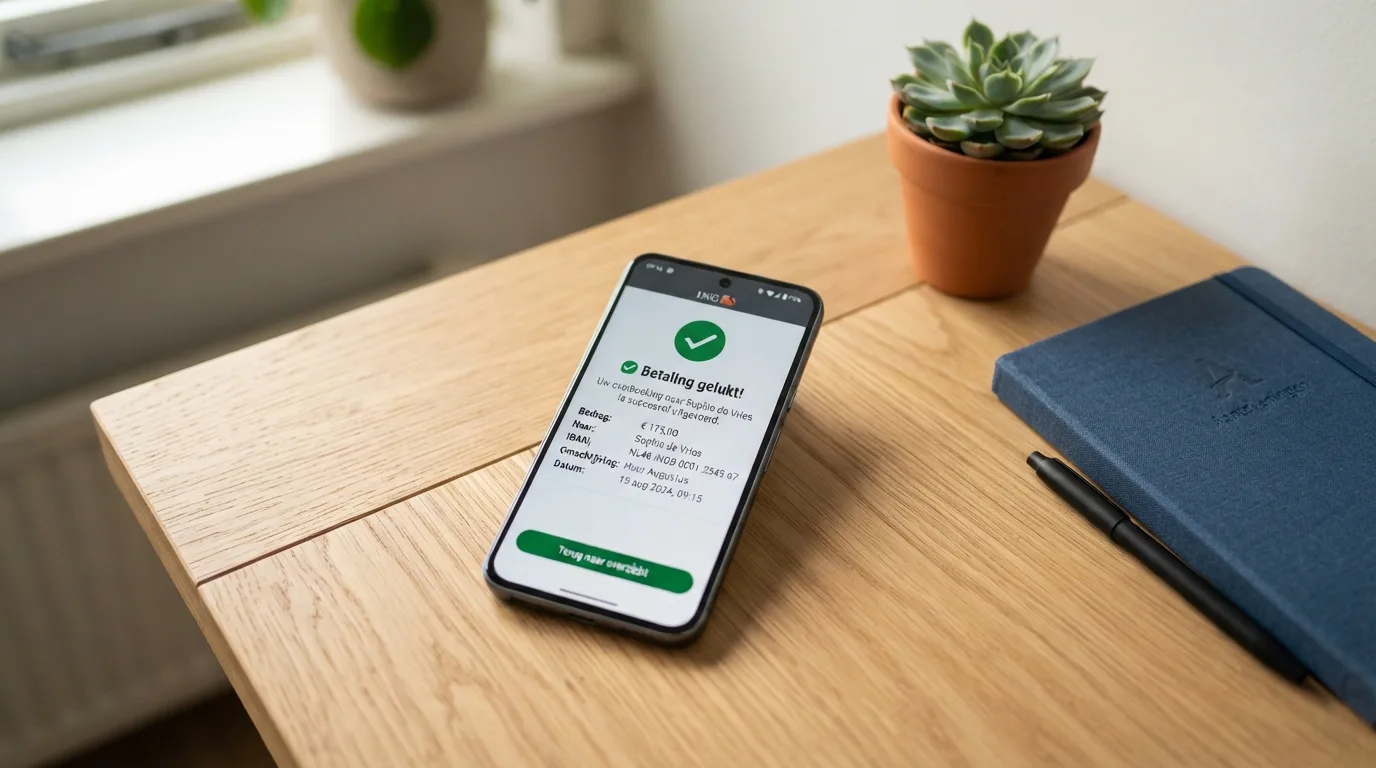 Een smartphone toont een bankapp met een IBAN-bevestiging